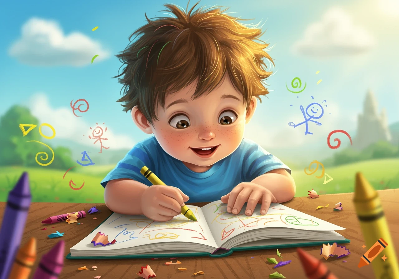 A cute, smiling cartoon boy with messy brown hair draws in a sketchbook with a yellow crayon, surrounded by colorful doodles.
