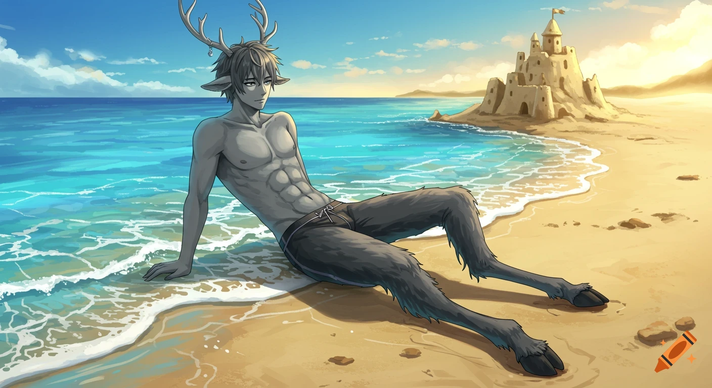 Anime style illustration of a grayscale satyr with antlers and hooves, wearing swim jammers, lying on a colorful beach as a wave recedes from a sandcastle.