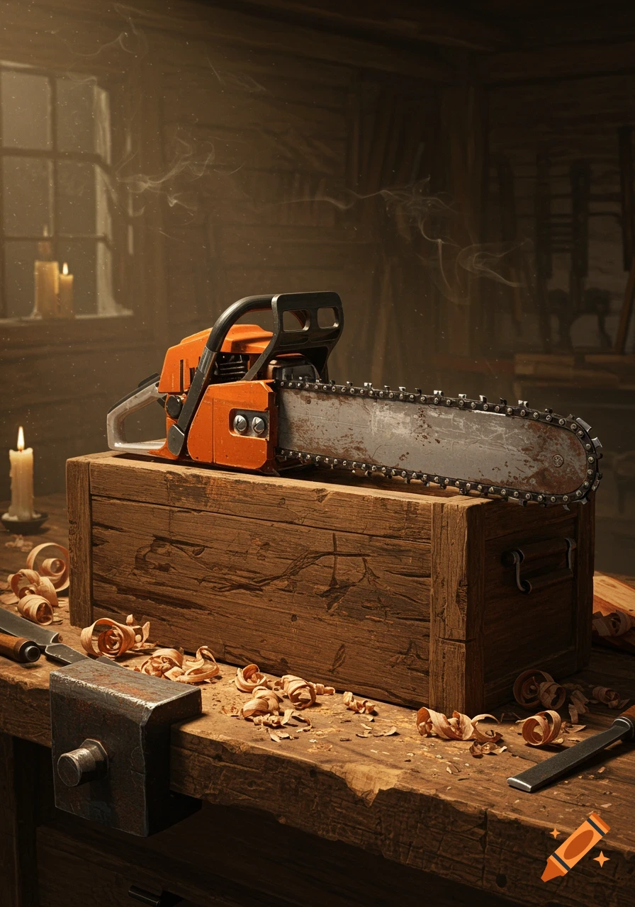 A photorealistic still life of an orange and silver chainsaw resting on a wooden box in a dimly lit workshop, surrounded by wood shavings and tools.