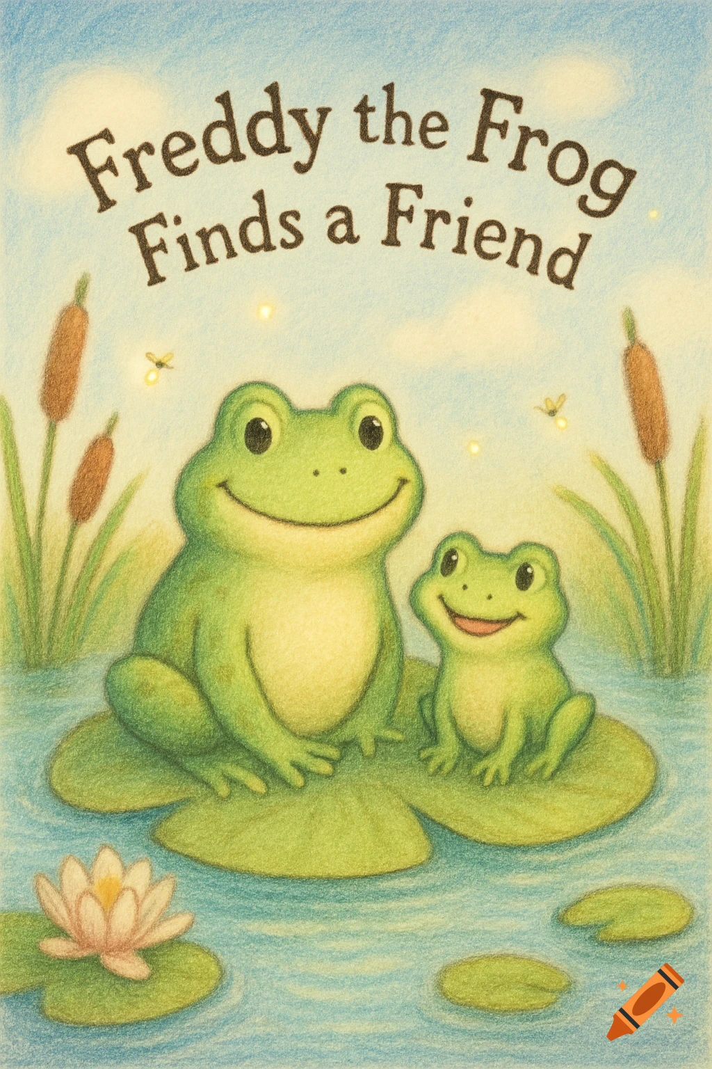 Children's book cover illustration of two smiling green frogs on lily pads in a pond, title 'Freddy the Frog Finds a Friend'.