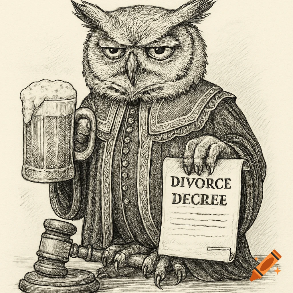 A grumpy owl judge in a robe holds a beer mug and a divorce decree, with a gavel nearby, in a line drawing style.