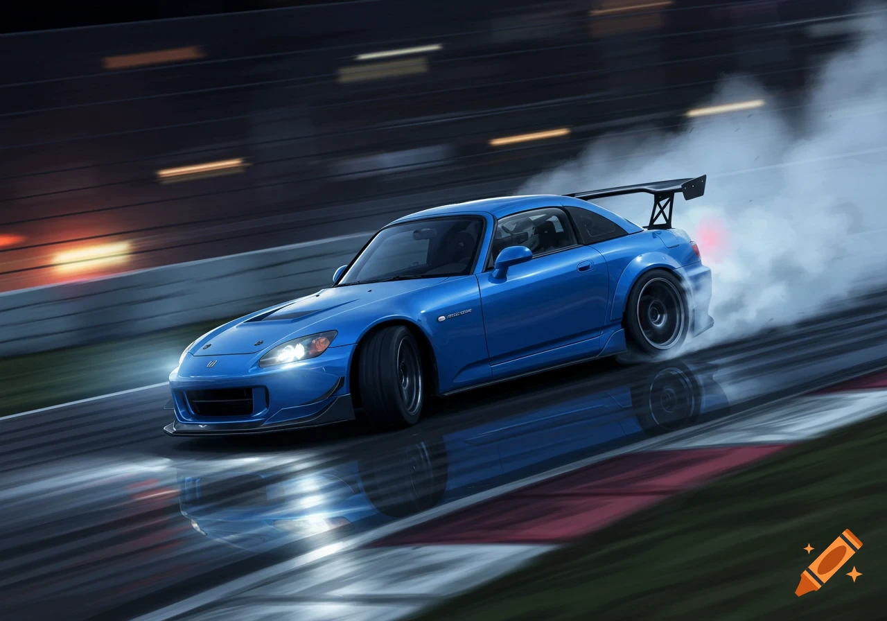 A blue Honda S2000 sports car drifts on a wet race track at night, with smoke trailing from its tires.