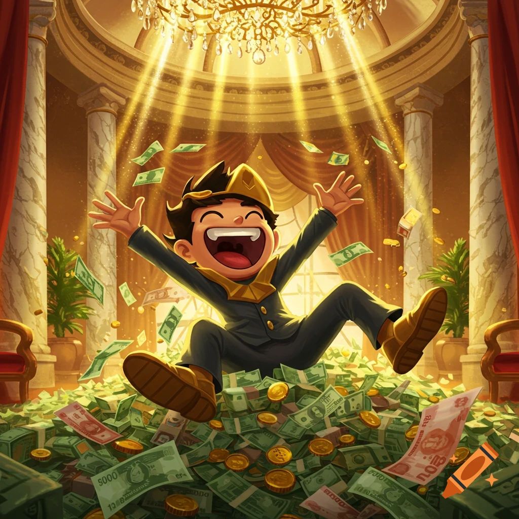 Jubilant cartoon boy in a golden crown and suit rolls in a huge pile of money inside an opulent hall.
