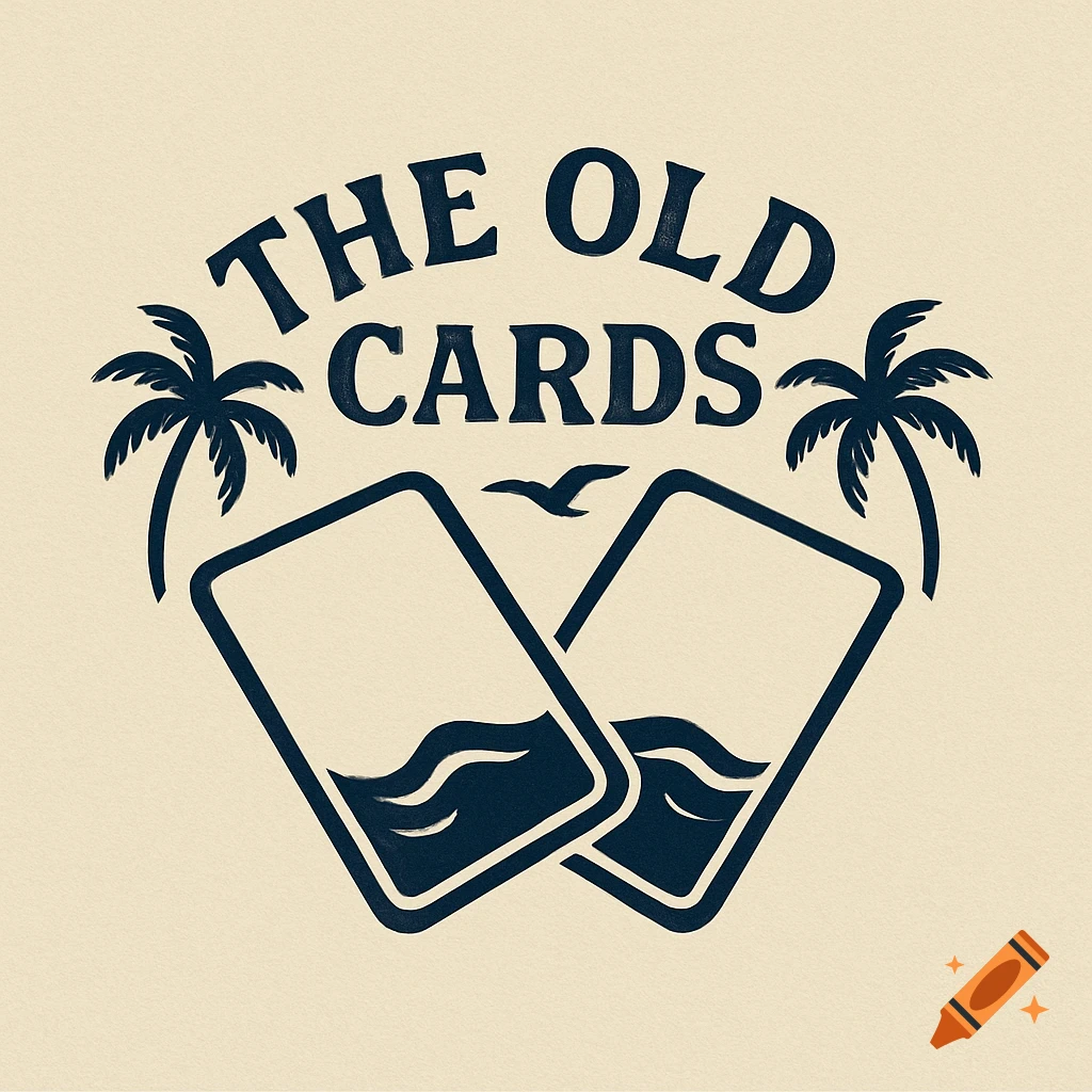 Vintage logo with 'THE OLD CARDS' text, palm trees, a bird, and two playing cards with waves in dark blue on a cream background.