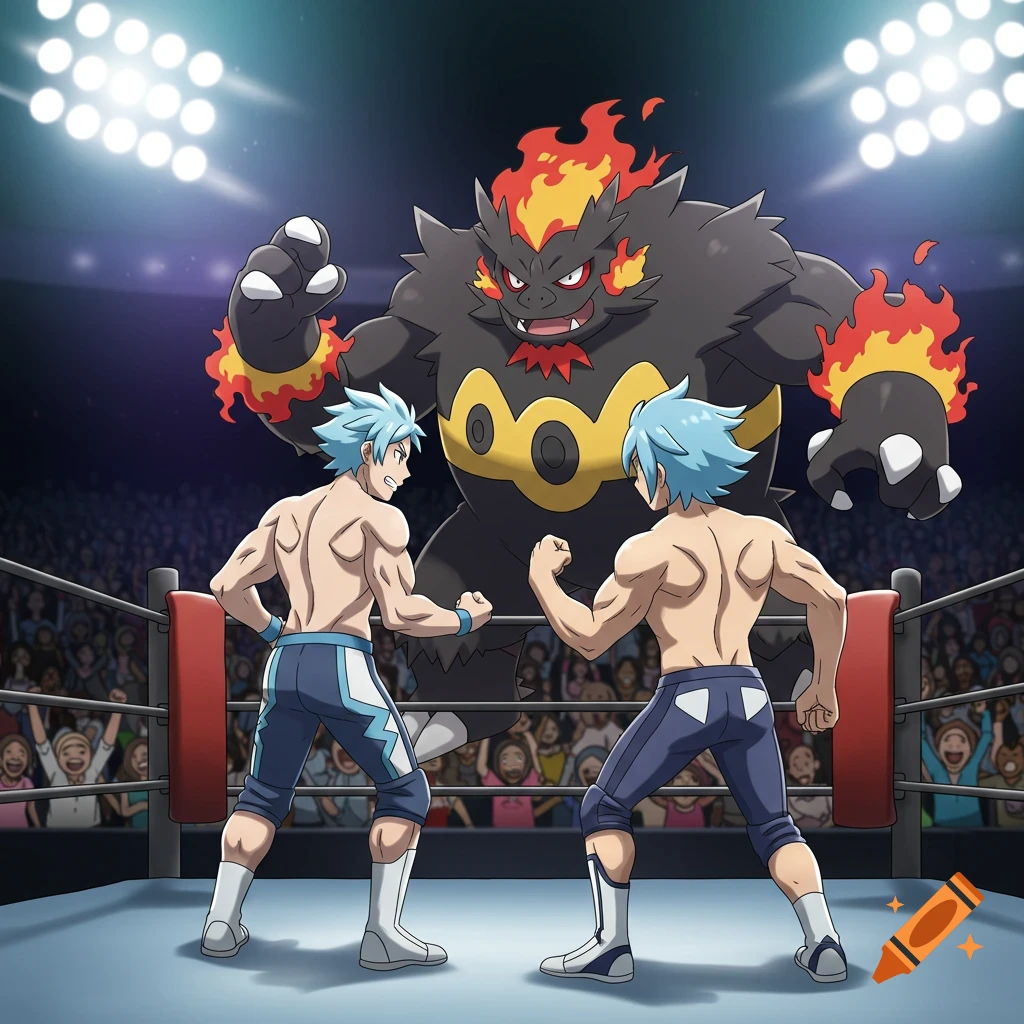 Two muscular anime trainers with blue hair pose in a wrestling ring against a giant, fiery Emboar, with a cheering crowd.