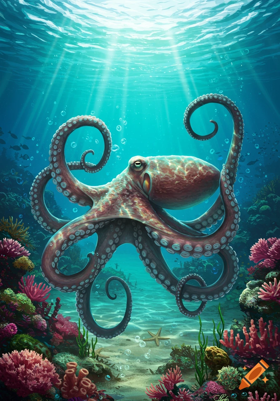 A vibrant, detailed octopus with curling tentacles swims in a sunlit coral reef underwater with rays of light.