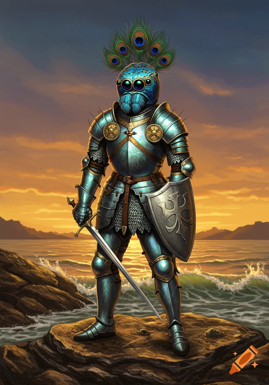An anthropomorphic peacock spider knight in full armor stands on rocks by the ocean at sunset, holding a sword and shield.