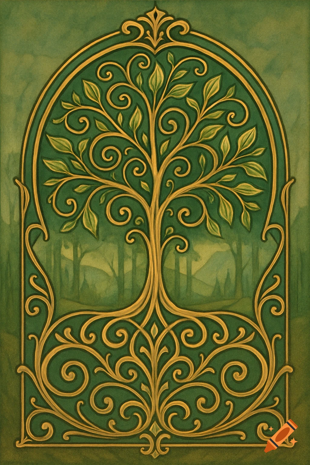 A stylized golden tree with green leaves within an ornate Art Nouveau frame, set against a muted green forest background.