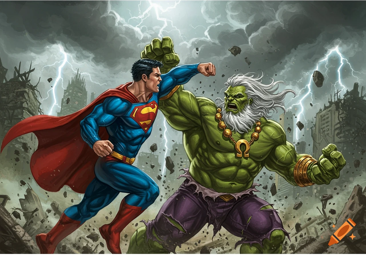 Superman punches a green, bearded Hulk-like character with an Omega necklace in a destroyed city under a stormy, lightning sky. Comic book style.