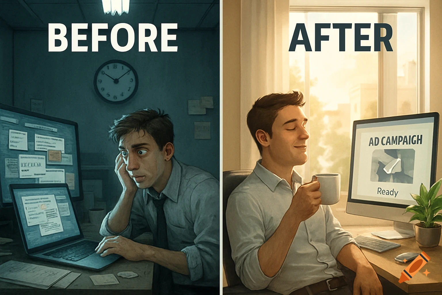 Split image showing a man at a computer: left, he's stressed and frantic in a dark room; right, he's relaxed and smiling, drinking coffee in a bright room with "AD CAMPAIGH Ready" on his monitor.