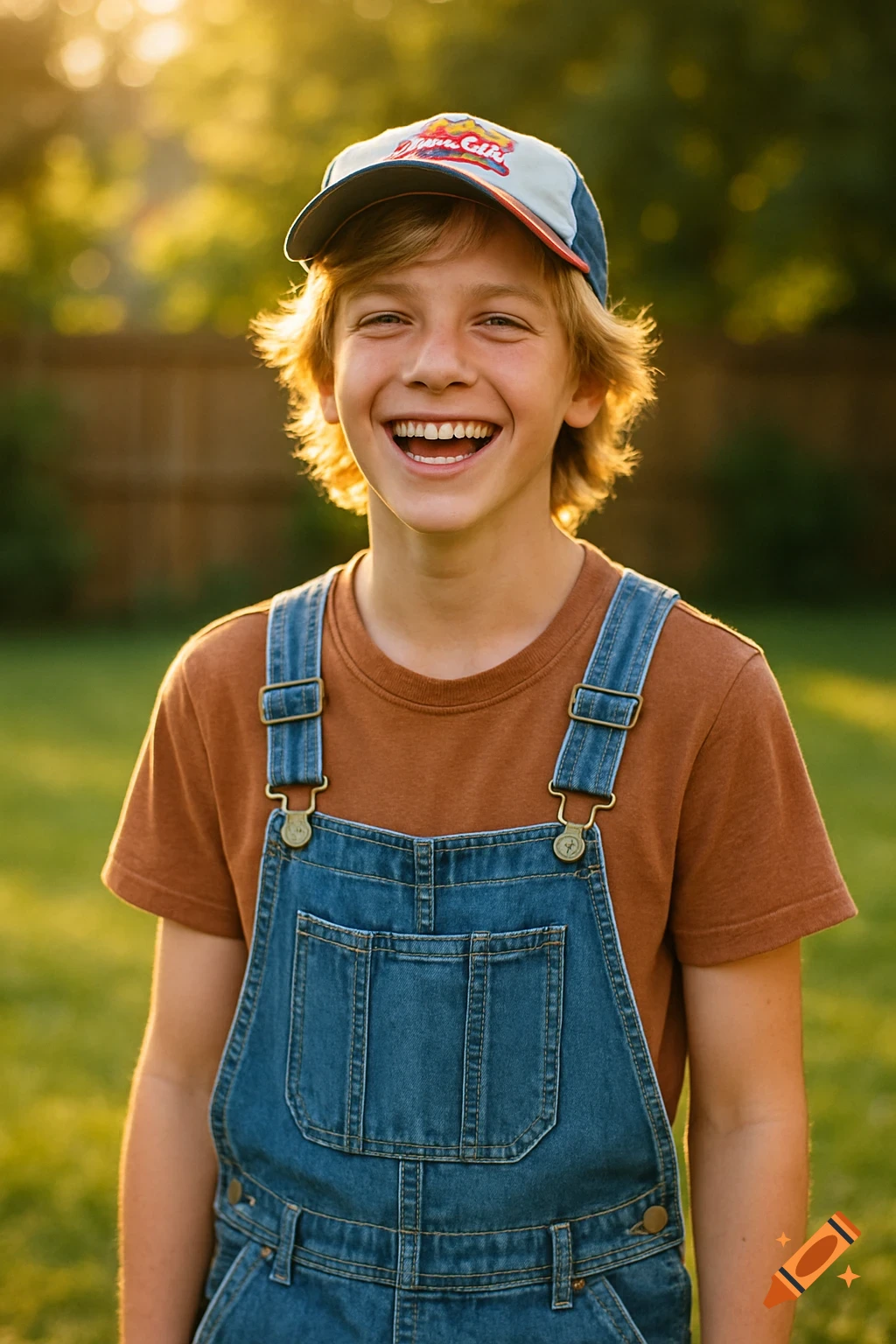 A cheerful boy in denim overalls and a cap smiles brightly outdoors during golden hour.