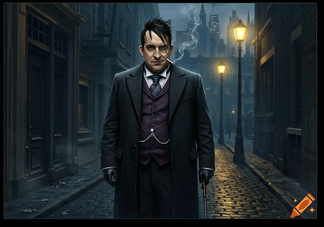 A man resembling The Penguin, in a pinstripe suit, monocle, and cigarette, stands on a dark, cobblestone street at night.