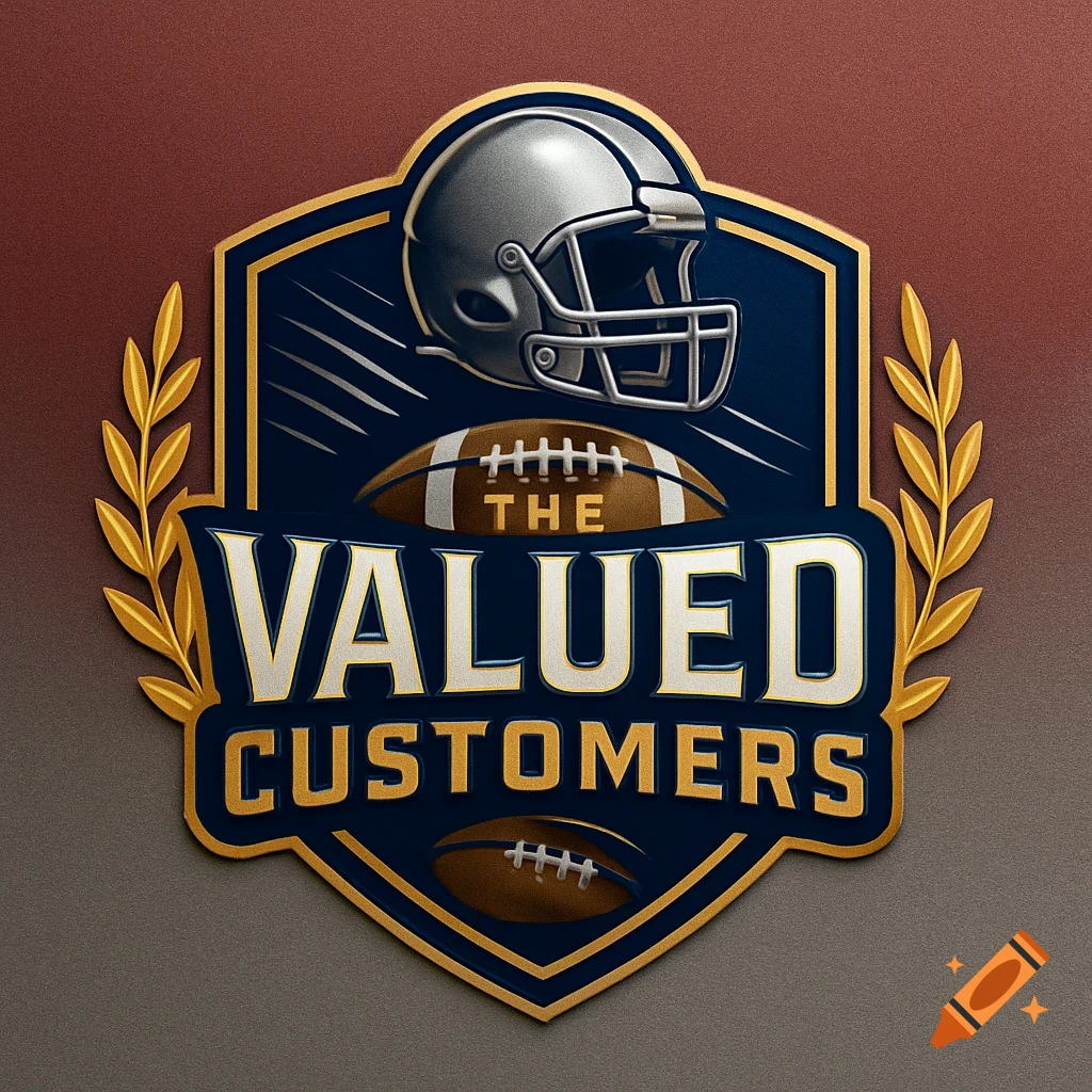 A metallic American football team logo with a helmet, two footballs, and 'THE VALUED CUSTOMERS' on a blue shield framed by golden branches.