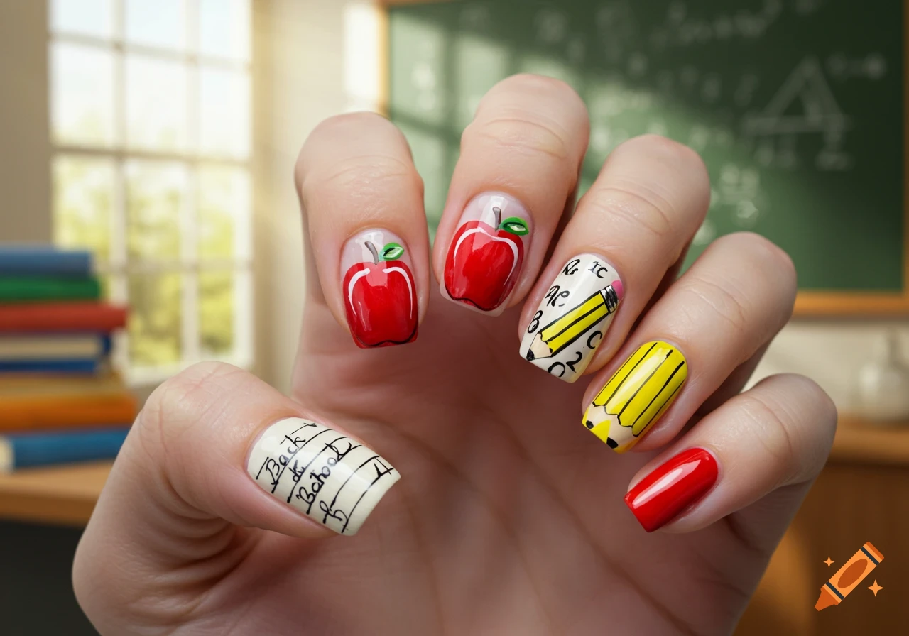 A hand displays 'back to school' themed nail art with red apples, yellow pencils, and legible text on a classroom background.