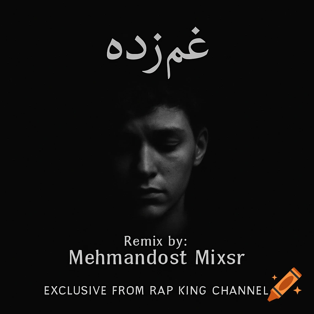 Dark, black-and-white portrait of a young man's face, half-shadowed, with "غم زده" and "Remix by: Mehmandost Mixsr" text, for a rap album cover.