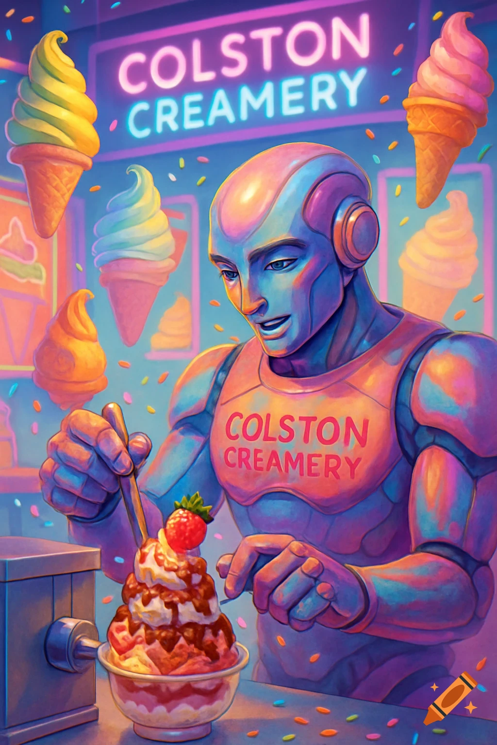 A stylized robot makes an elaborate ice cream sundae in a vibrant, neon-lit ice cream parlor with floating ice cream cones.