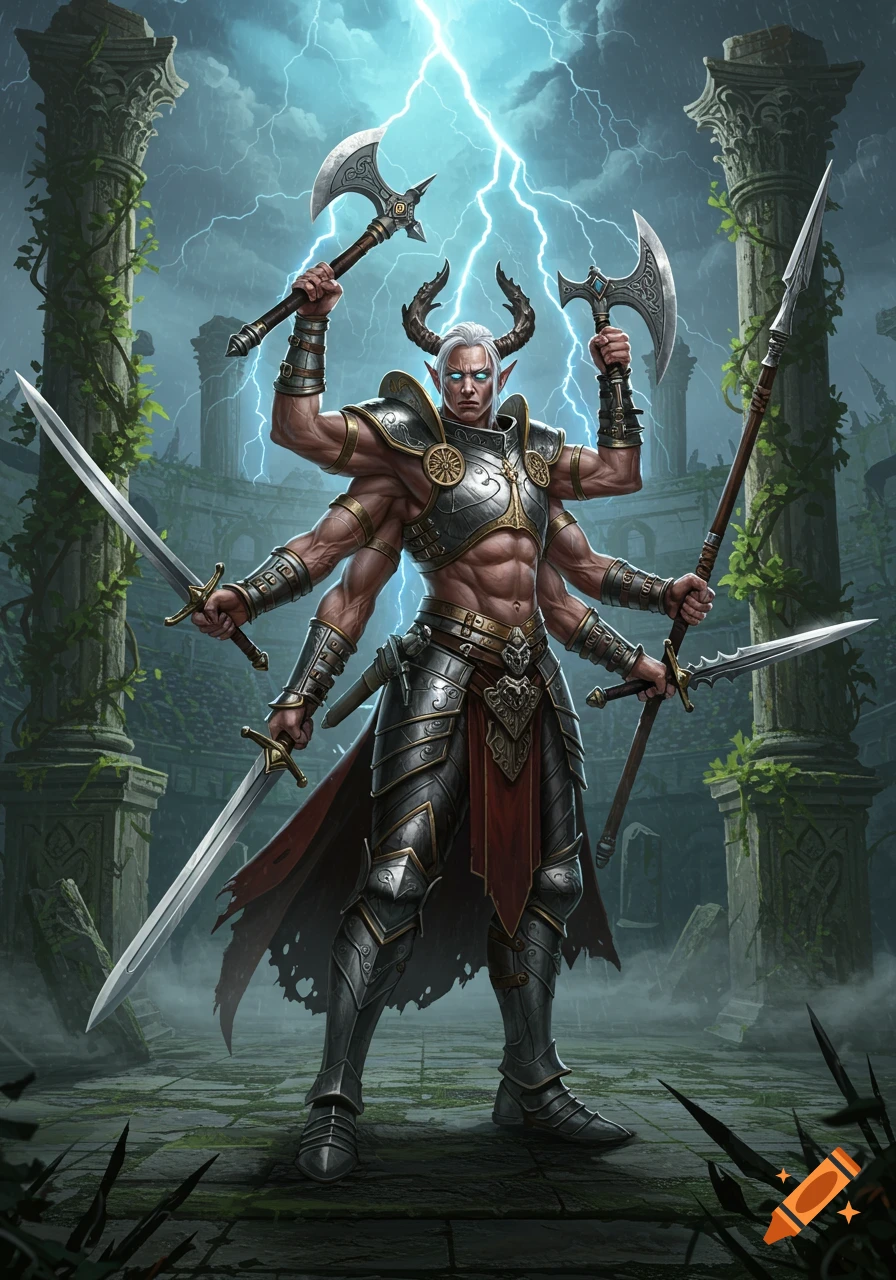 A four-armed, silver-haired warrior in ornate armor stands in ancient ruins under a lightning storm, wielding multiple weapons. Detailed fantasy art.