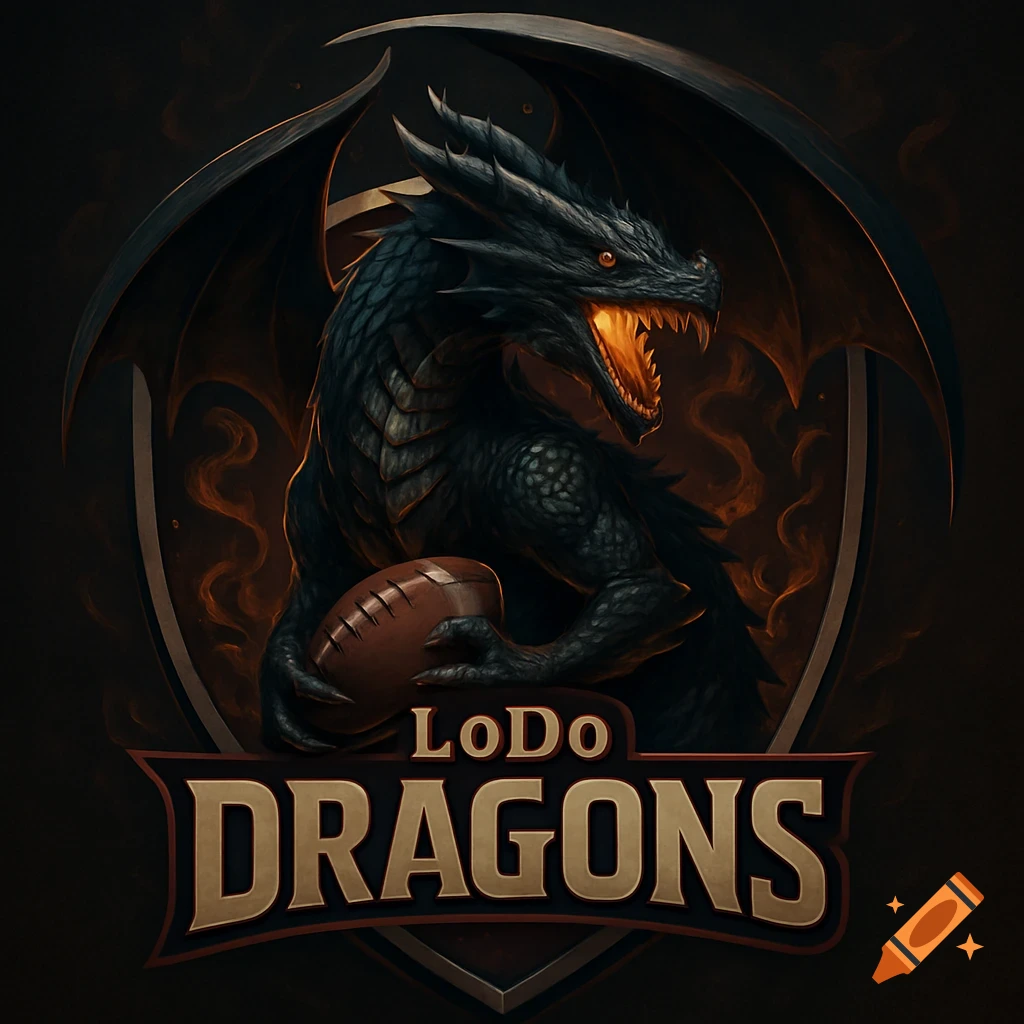 Stylized dark logo with a fierce black dragon holding a football, glowing orange mouth open, with 'LoDo DRAGONS' text below.