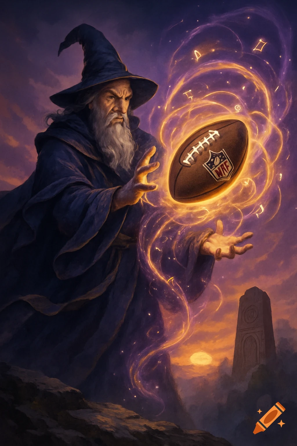A wizard in a blue robe and pointed hat conjures a glowing American football with magic at sunset.