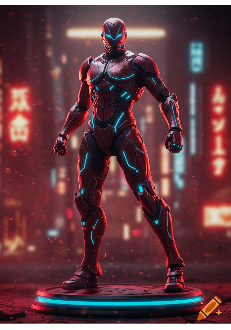 A detailed red and black armored sci-fi action figure with glowing blue accents stands on a neon platform in a blurred, red-lit cyberpunk city.