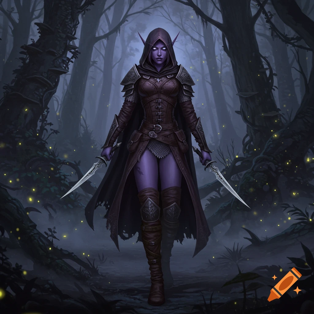 A dark elf rogue with purple skin, wearing dark armor and a hooded cloak, walks through a mystical, misty forest with glowing fireflies, holding two daggers.