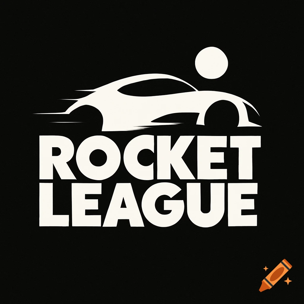Minimalist white Rocket League logo with a speeding car silhouette and text on a black background.