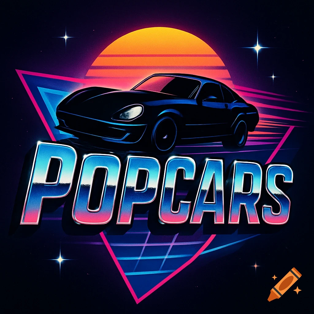 Retro synthwave logo with a dark car, neon grid, sunset, and chrome 'POPCARS' text.