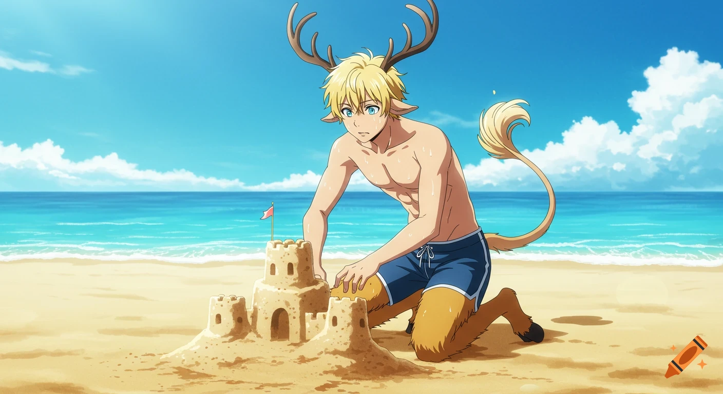 An anime-style male satyr with blond hair, antlers, and hooves builds a sandcastle on a sunny beach.