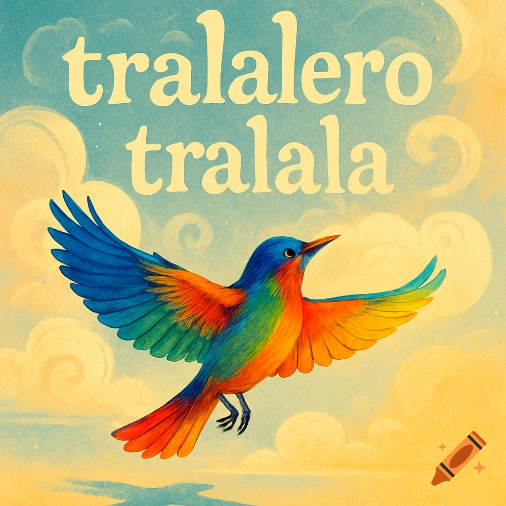 A vibrant, colorful bird with outstretched wings flies in a bright sky with whimsical clouds and the words 'tralalero tralala' above it.