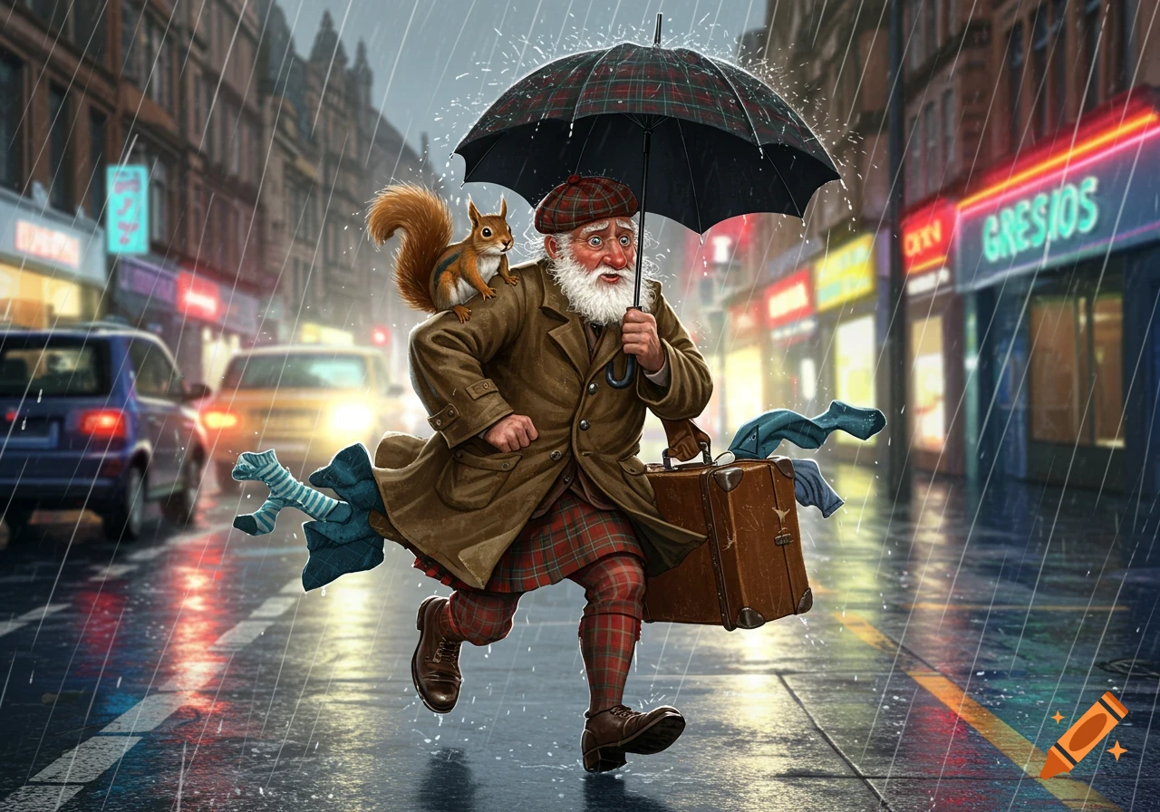 An elderly bearded Scottish man in a kilt and macintosh runs through a rainy city street with an umbrella and a suitcase, a squirrel on his shoulder, in a cartoonish illustration.