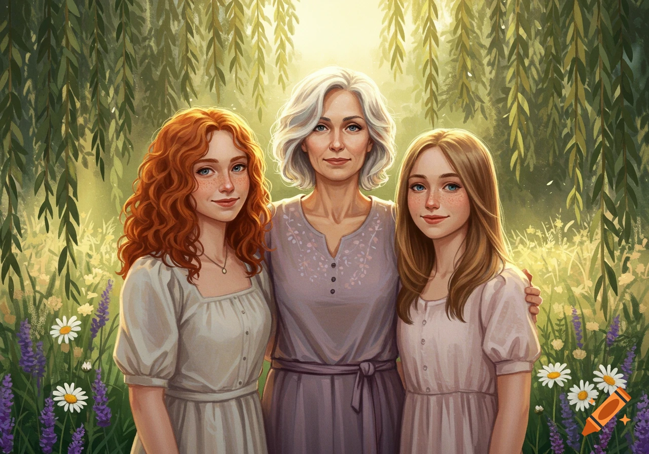 Drawing of a smiling mother with gray hair and her two daughters, one redhead and one with light brown hair, in a sunny garden.