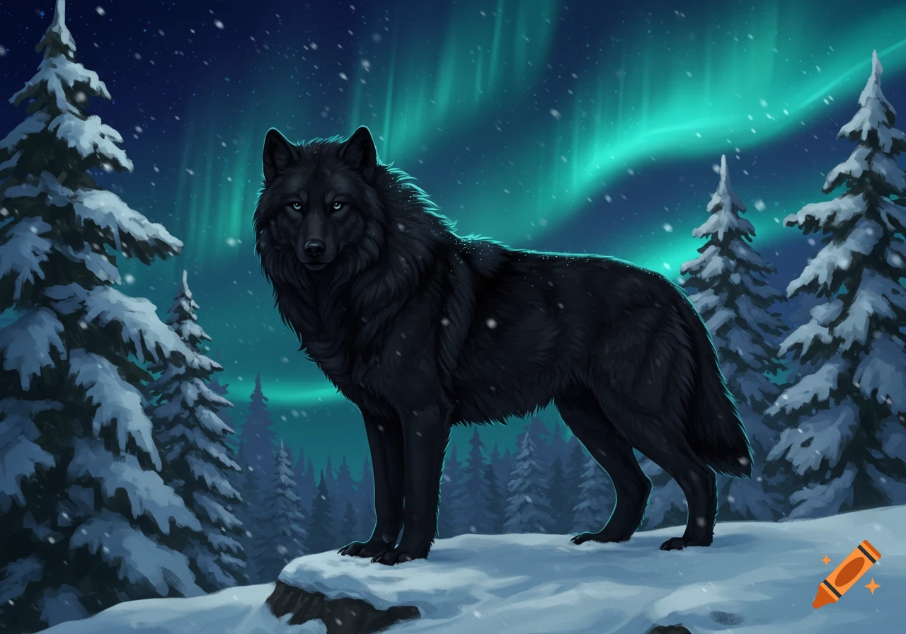 A majestic black wolf with piercing blue eyes stands on a snowy rock in a winter forest at night, under a green aurora borealis.