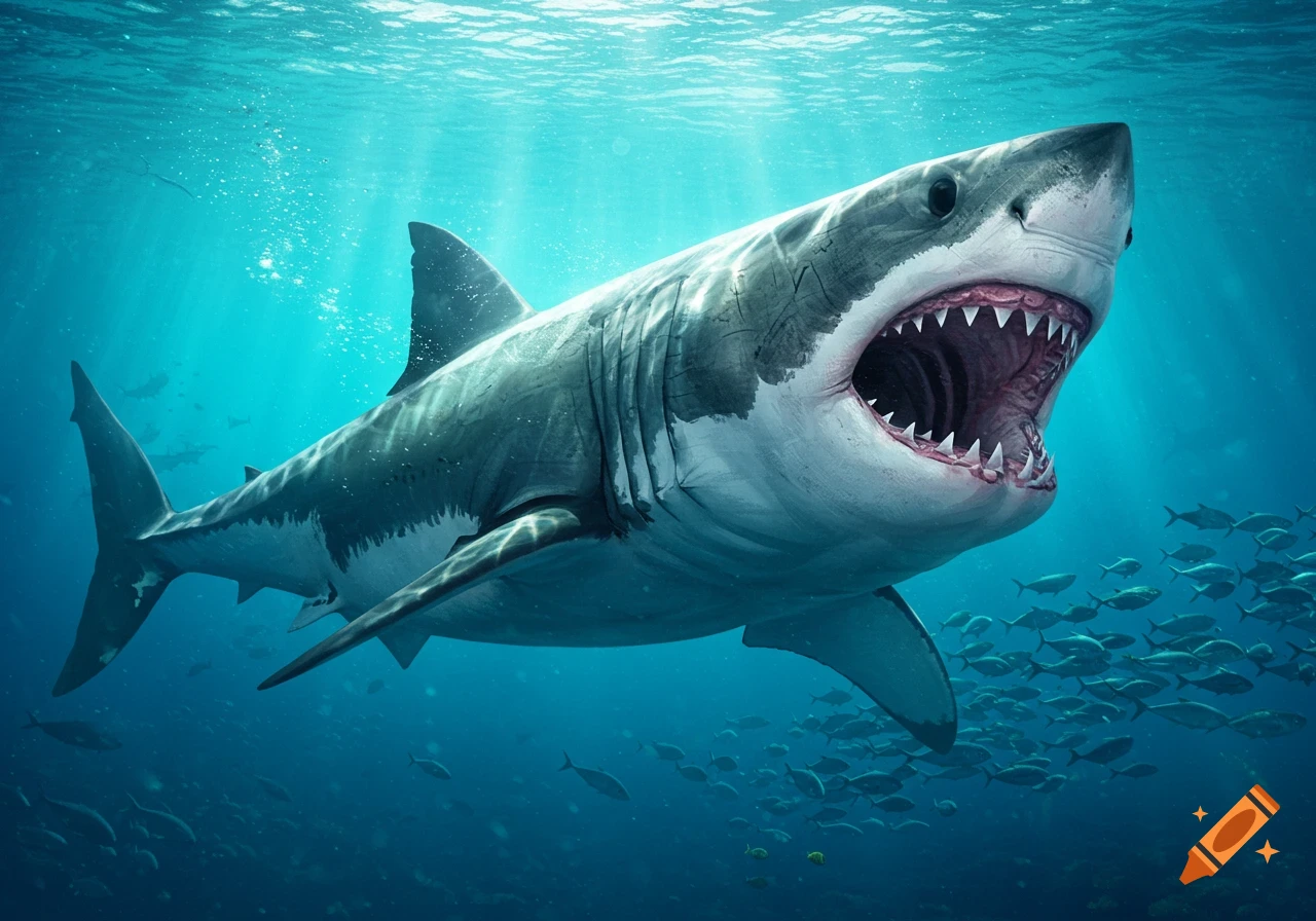 A photorealistic great white shark with its mouth wide open, showing rows of sharp teeth, swims underwater surrounded by schools of small fish.