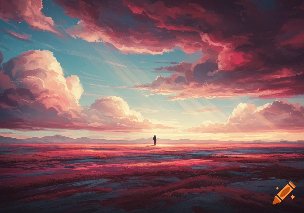 A lone figure stands in a vast, colorful landscape under a dramatic sky filled with pink and red clouds, artistic style.
