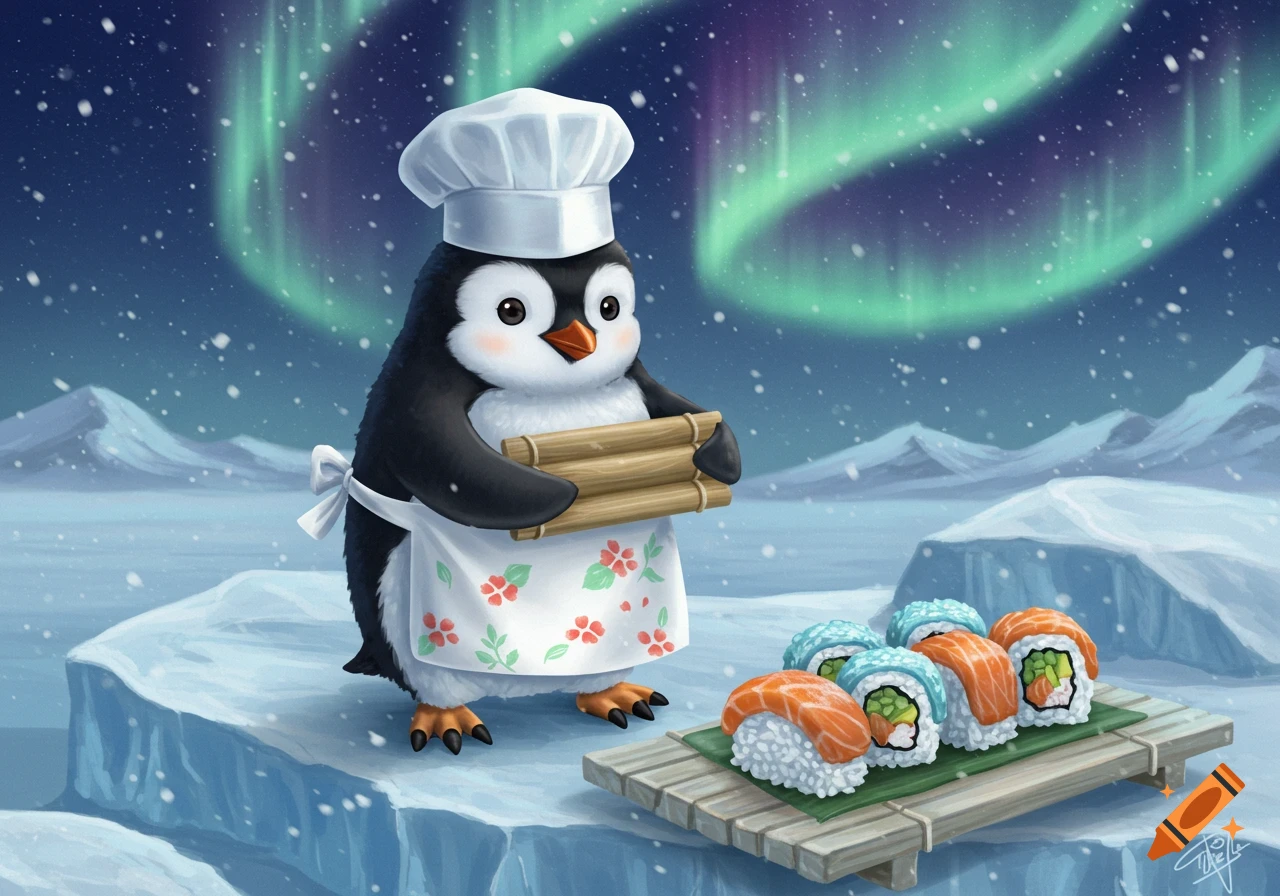 A cute cartoon penguin chef stands on ice holding a sushi mat, with sushi on a wooden tray, under the aurora borealis.