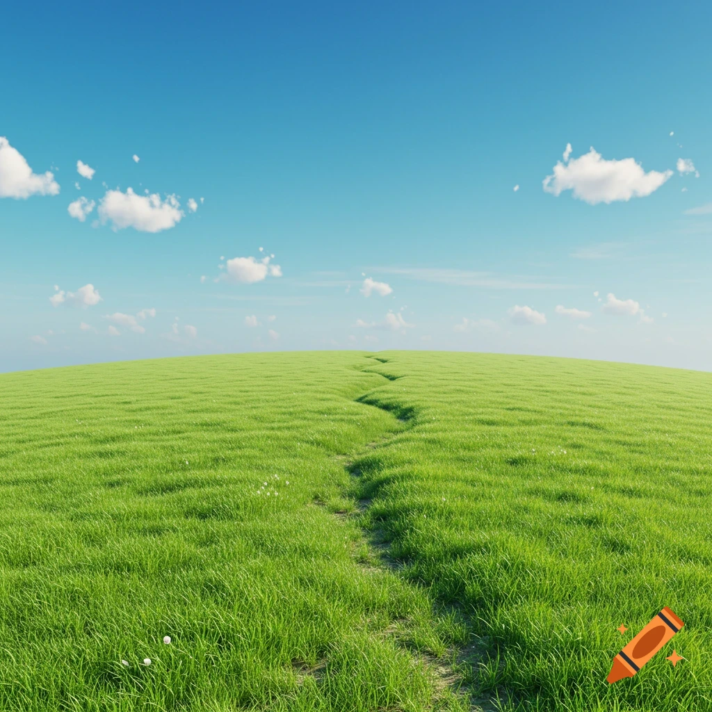 A winding dirt path through a vibrant green grassy hill under a bright blue sky with scattered white clouds.
