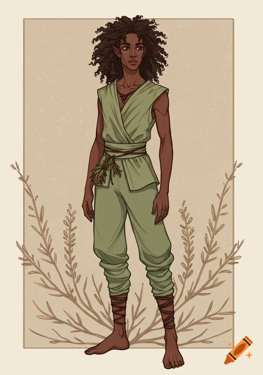 A slender, dark-skinned fantasy character with curly black hair, wearing muted green clothes, standing barefoot, in a hand-drawn style.