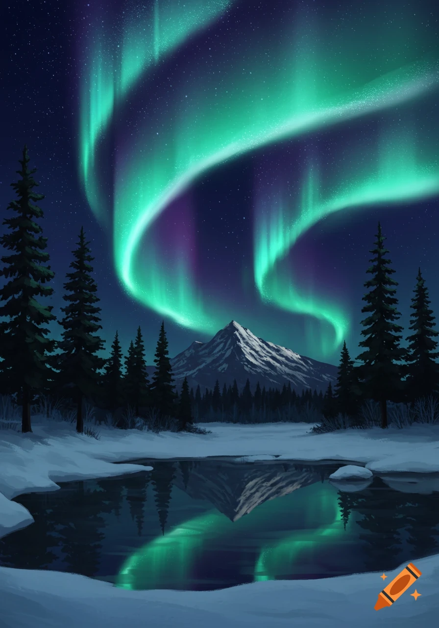 Stylized illustration of vibrant green and purple Northern Lights over snow-covered mountains, pine trees, and a reflective lake at night.