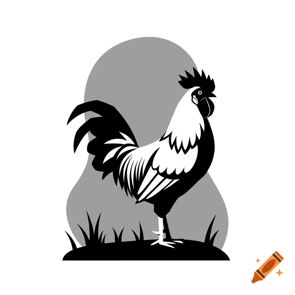 A black and white illustration of a rooster standing on grass with a grey abstract background.