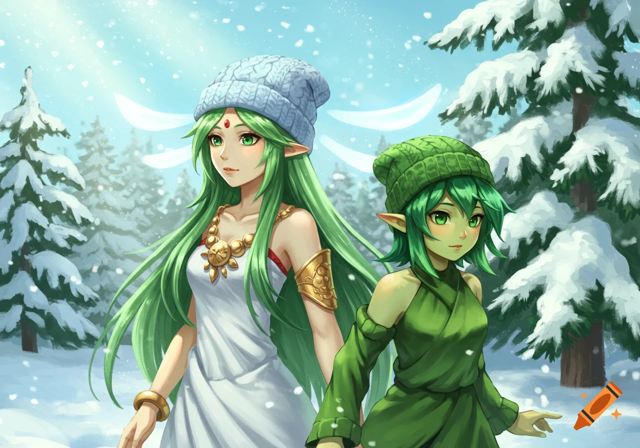 Anime illustration of two green-haired female characters, Palutena and Viridi, wearing beanies in a snowy winter forest.