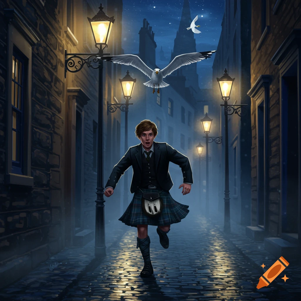 A young man in a kilt runs down a misty cobblestone alley at night, chasing a large seagull flying overhead. Illustrated.