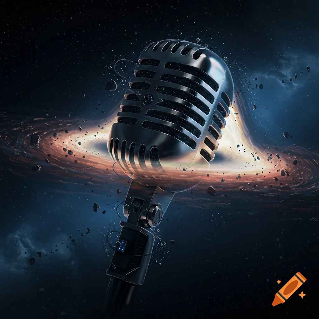 A metallic vintage microphone stands against a swirling galaxy background with stars and asteroids.