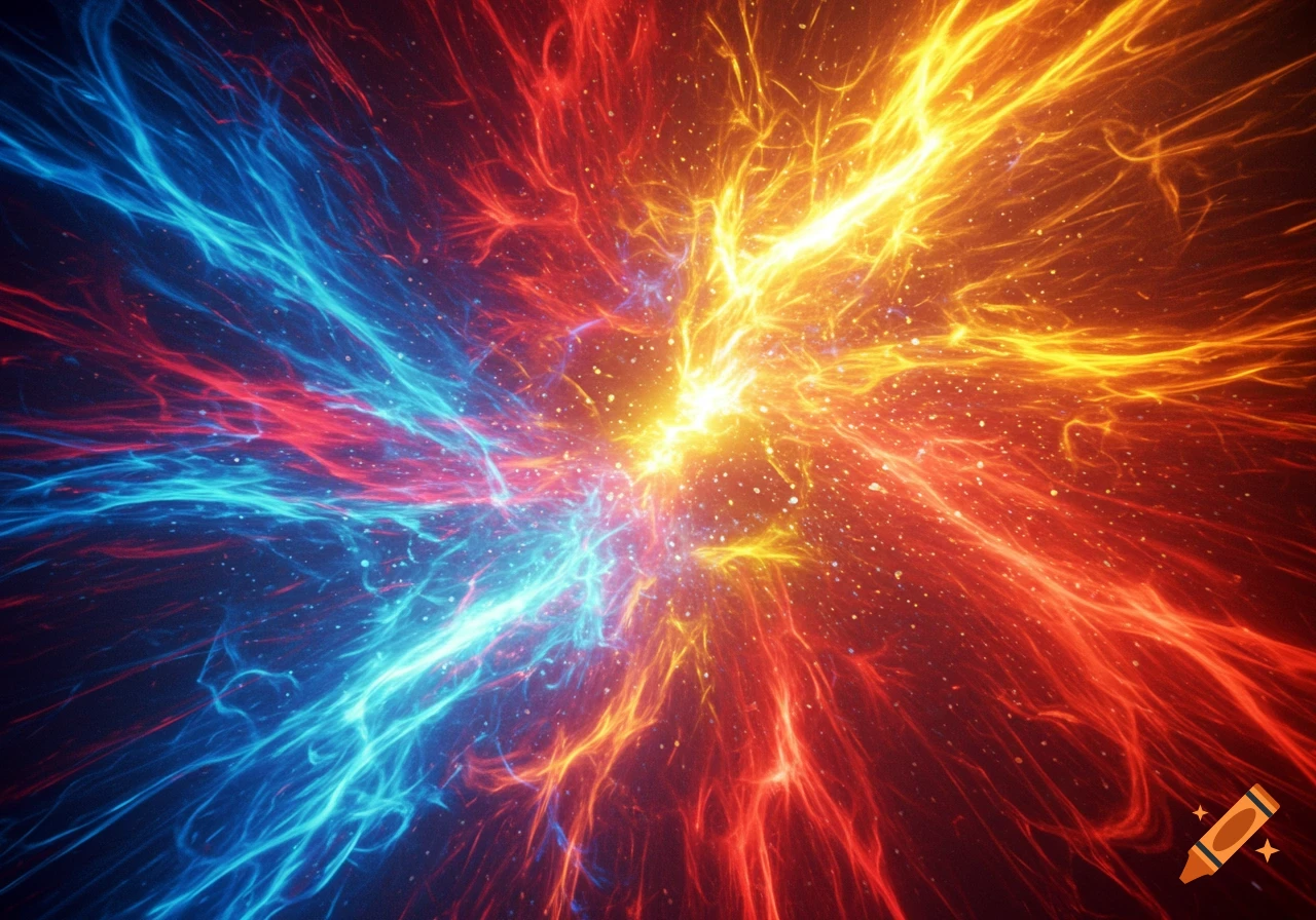 Vibrant abstract explosion of blue, red, and orange light energy, resembling a cosmic event.