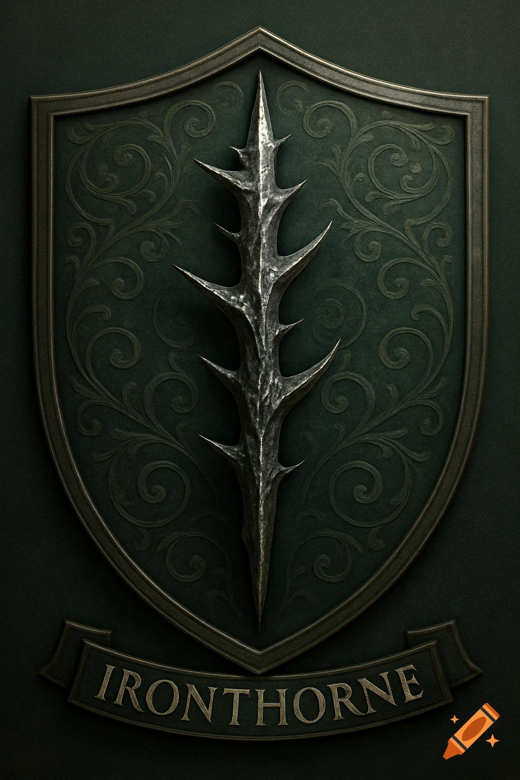 A dark green shield sigil with an ornate metallic border and embossed scrollwork. A prominent, spiky metallic thorn is centered on the shield, with a banner below reading "IRONTHORNE".