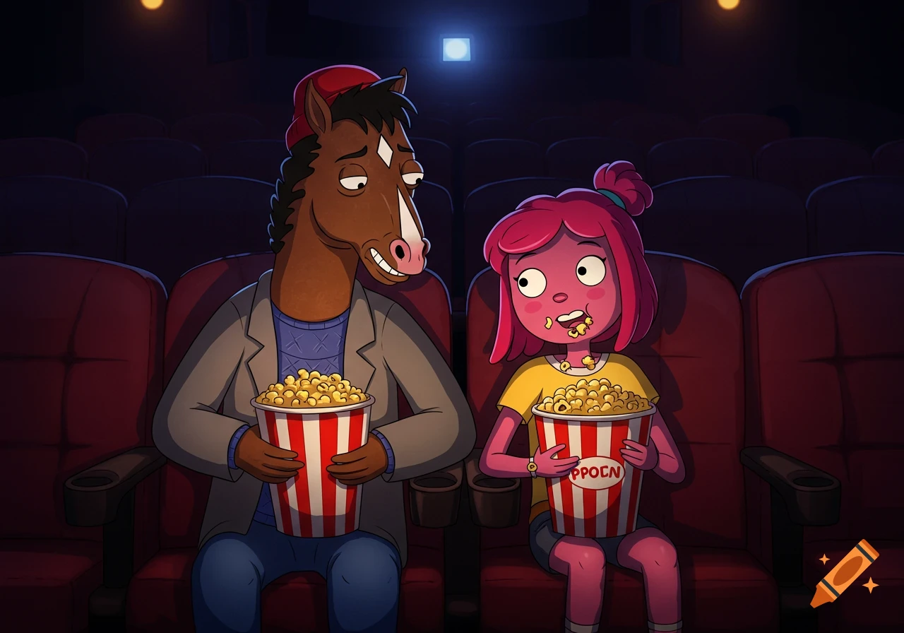 Two cartoon characters, a horse-man and a pink-skinned girl, eat popcorn in a dark movie theater.