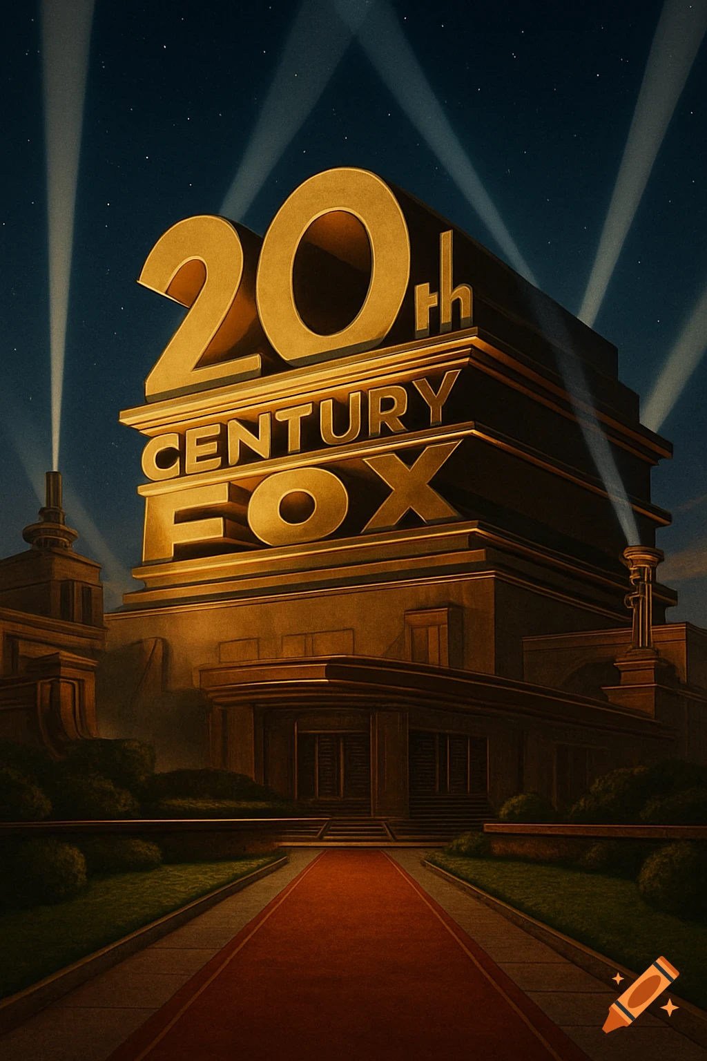 Iconic golden 20th Century Fox logo structure at night with searchlights, a red carpet leading to its entrance.