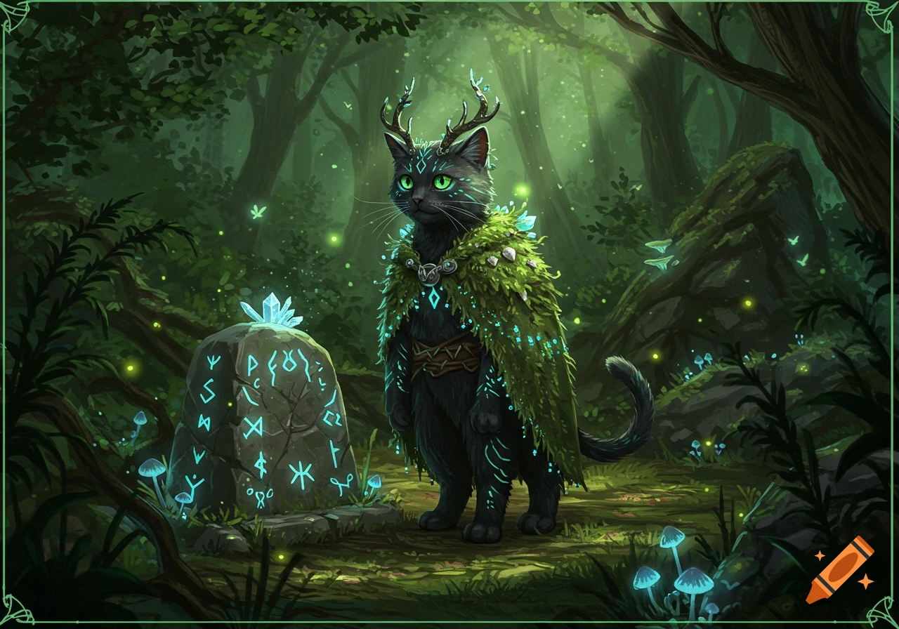 A black fantasy cat druid with antlers and glowing green eyes, wearing a leafy cloak, stands in a magical forest with glowing runes on a stone.