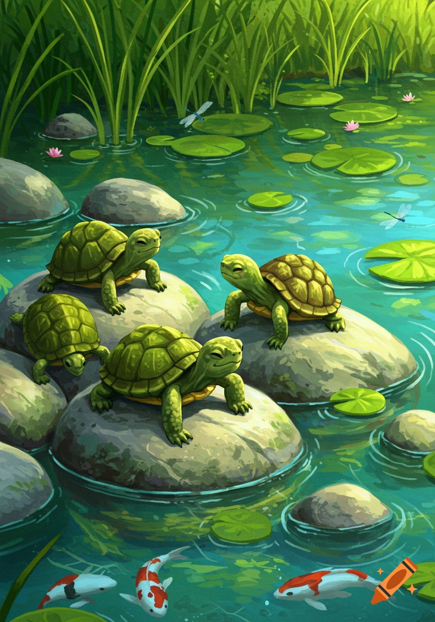 Four cute, stylized green tortoises on rocks in a pond with lily pads, koi fish, and tall grass.