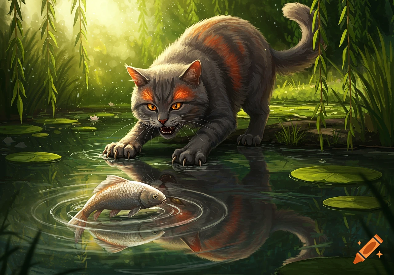 An angry grey cat with orange markings lunges at a fish in a lush green pond, digital illustration.