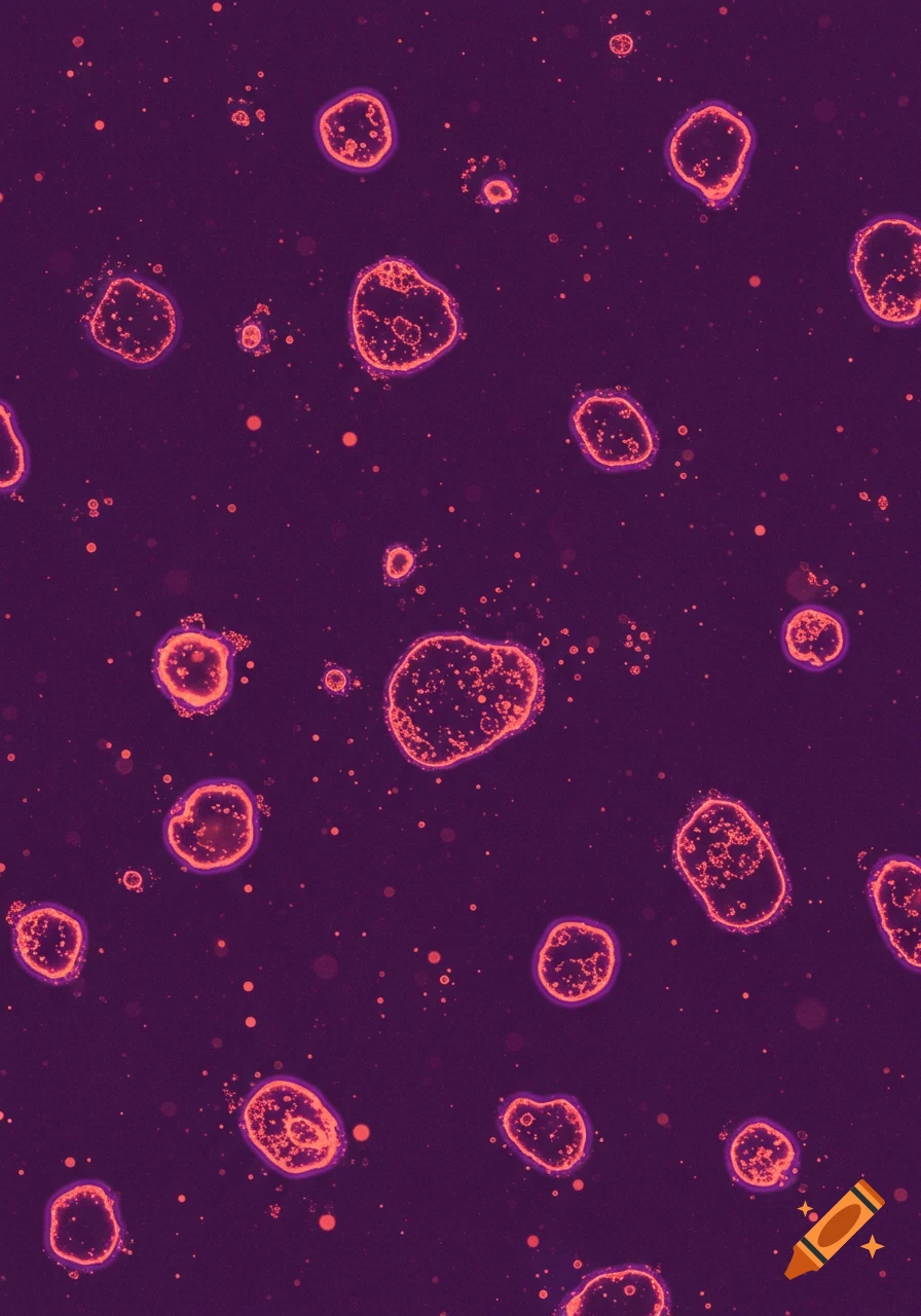 Abstract dark purple background with numerous glowing salmon orange splotches and small particles, resembling a microscopic view.